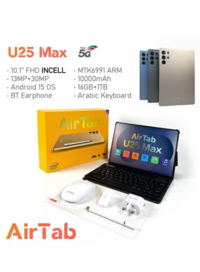 AIR TAB U25 Max Smart Tablet – 10.1-Inch FHD Display, 16GB RAM, 1TB Storage, 10000mAh Battery, Dual Camera, Face Unlock & Wireless Arabic Keyboard – High-Performance Tablet in Gray - Image 3